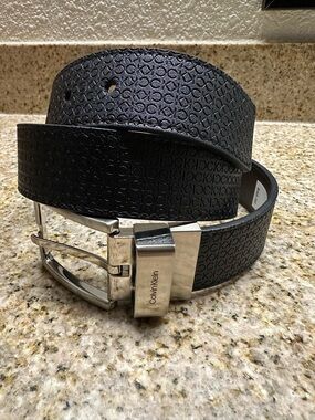 Calvin Klein Men's Black Embossed Logo Leather Belt